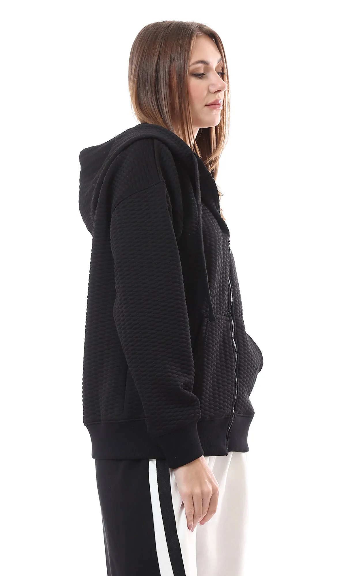 O175014 Hooded Neck With Drawstring Black Stitched Sweatshirt