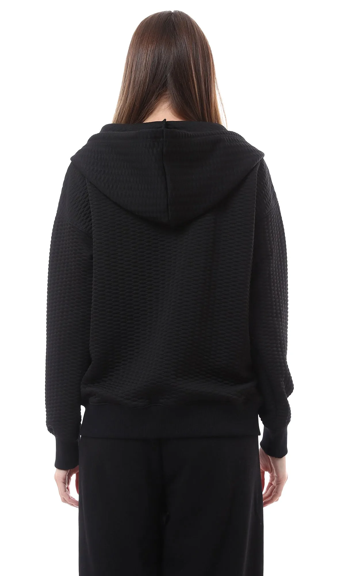 O175014 Hooded Neck With Drawstring Black Stitched Sweatshirt