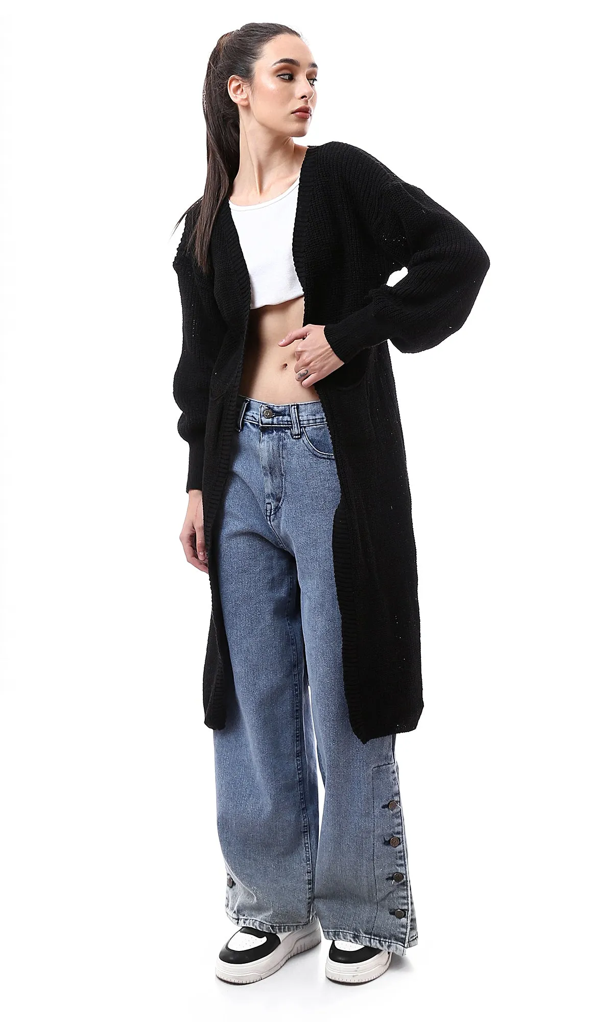 O175688 Wide Leg With Side Buttons Light Vintage Jeans