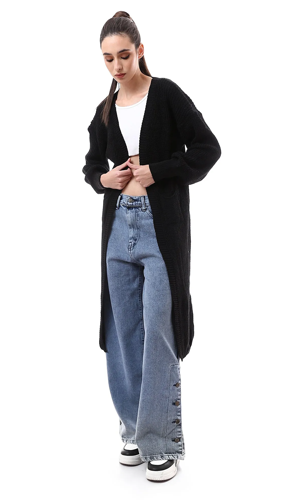 O175688 Wide Leg With Side Buttons Light Vintage Jeans