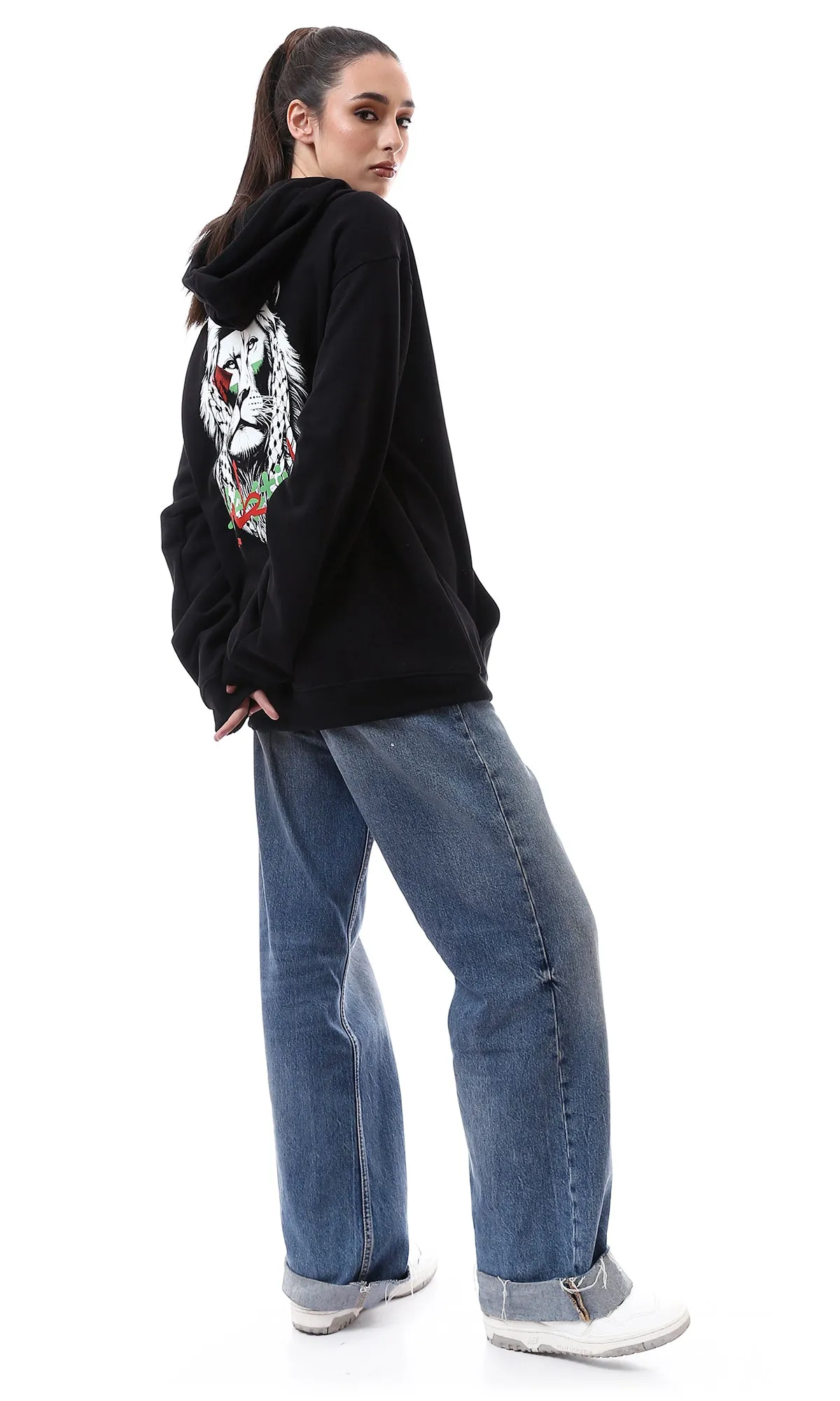 O176718 Palestine Long Sleeves Black Printed Hoodie