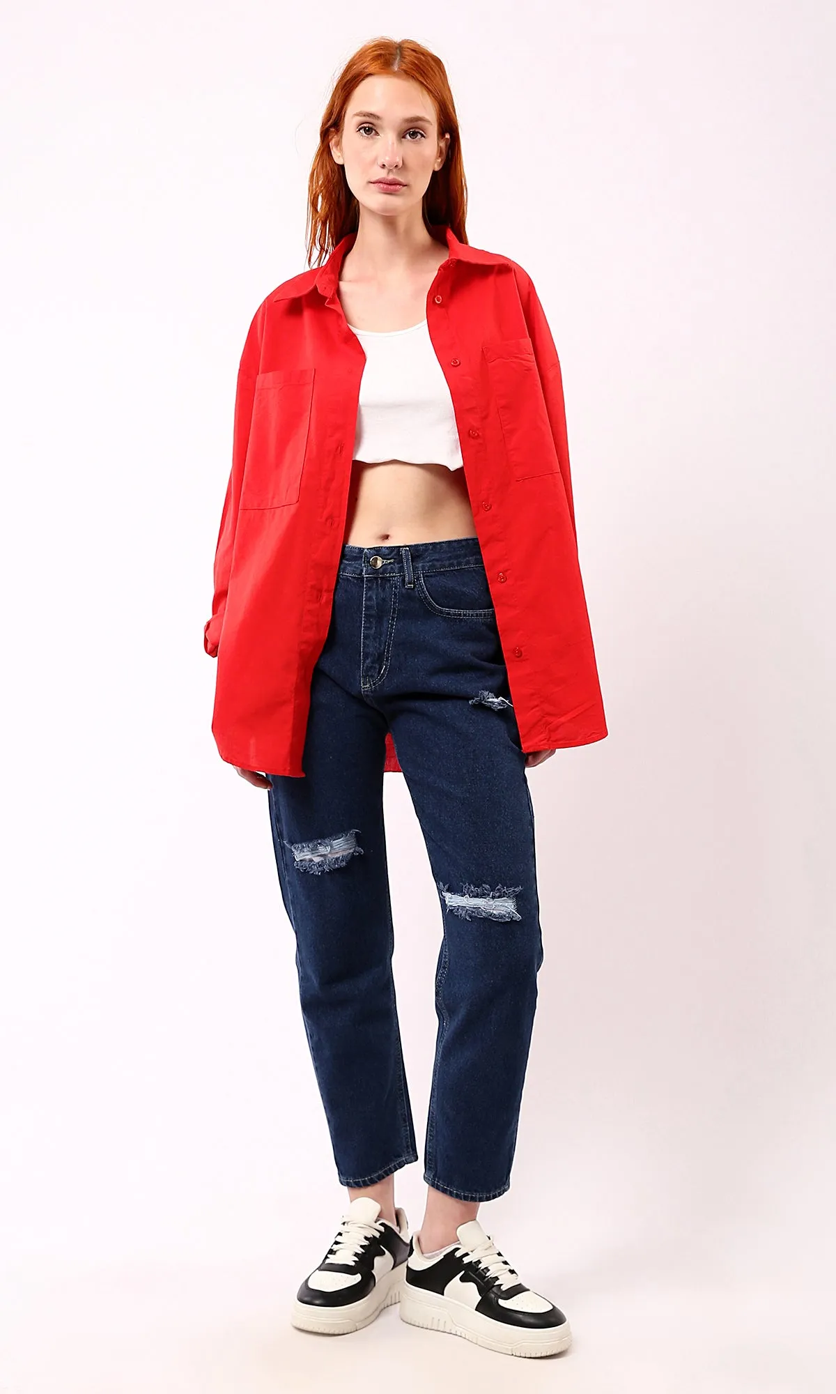 O179209 Turn Down Collar Solid Red Long Shirt