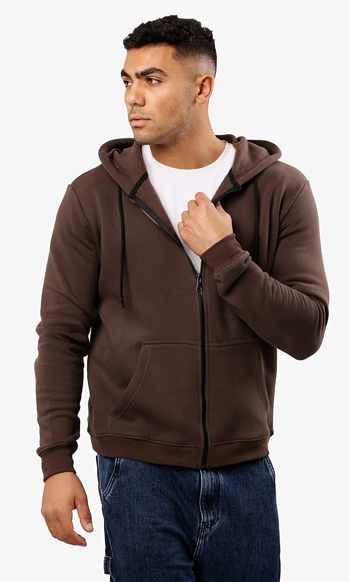 O180399 Dark Brown Long Sleeves Solid Zipped Sweatshirt