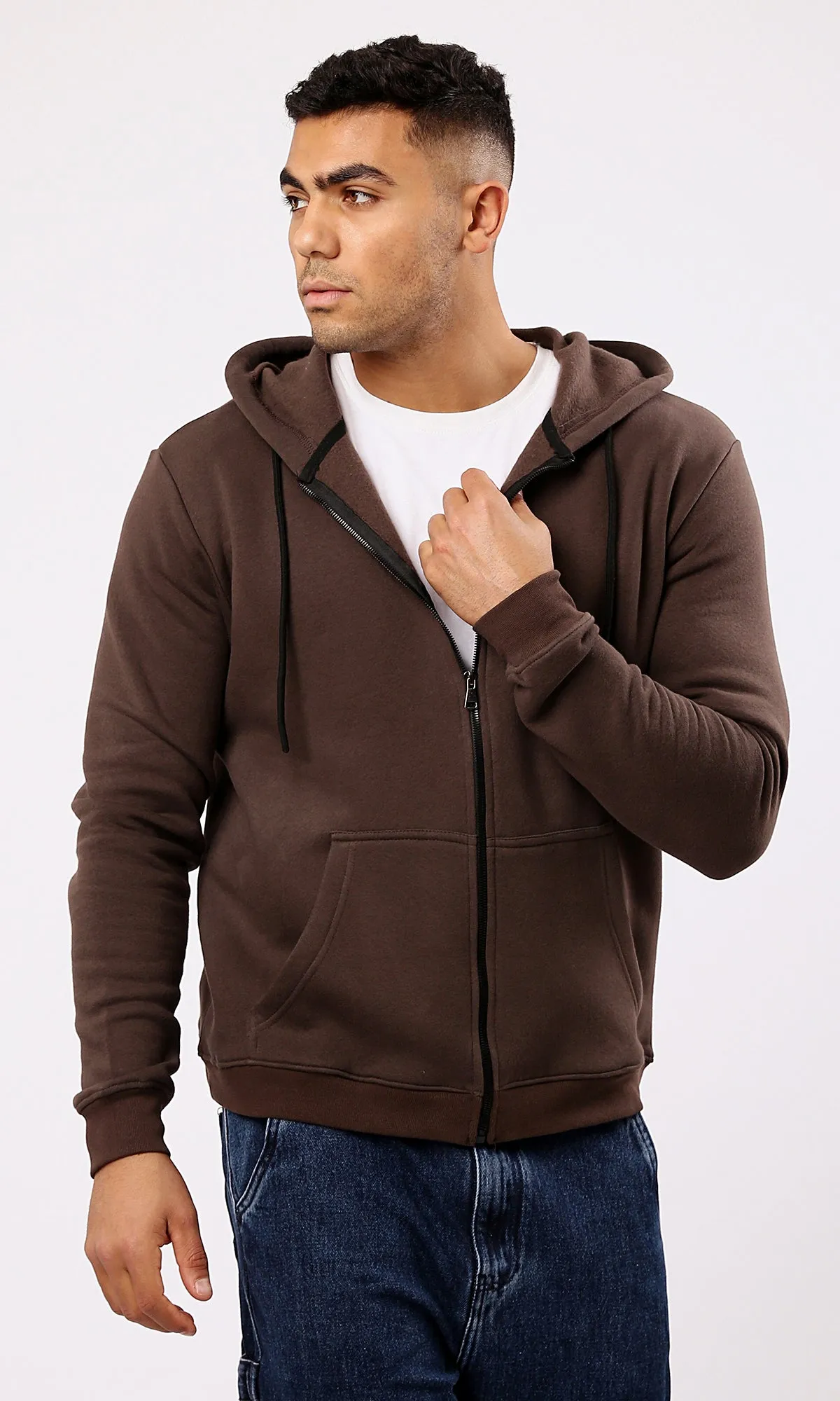 O180399 Dark Brown Long Sleeves Solid Zipped Sweatshirt