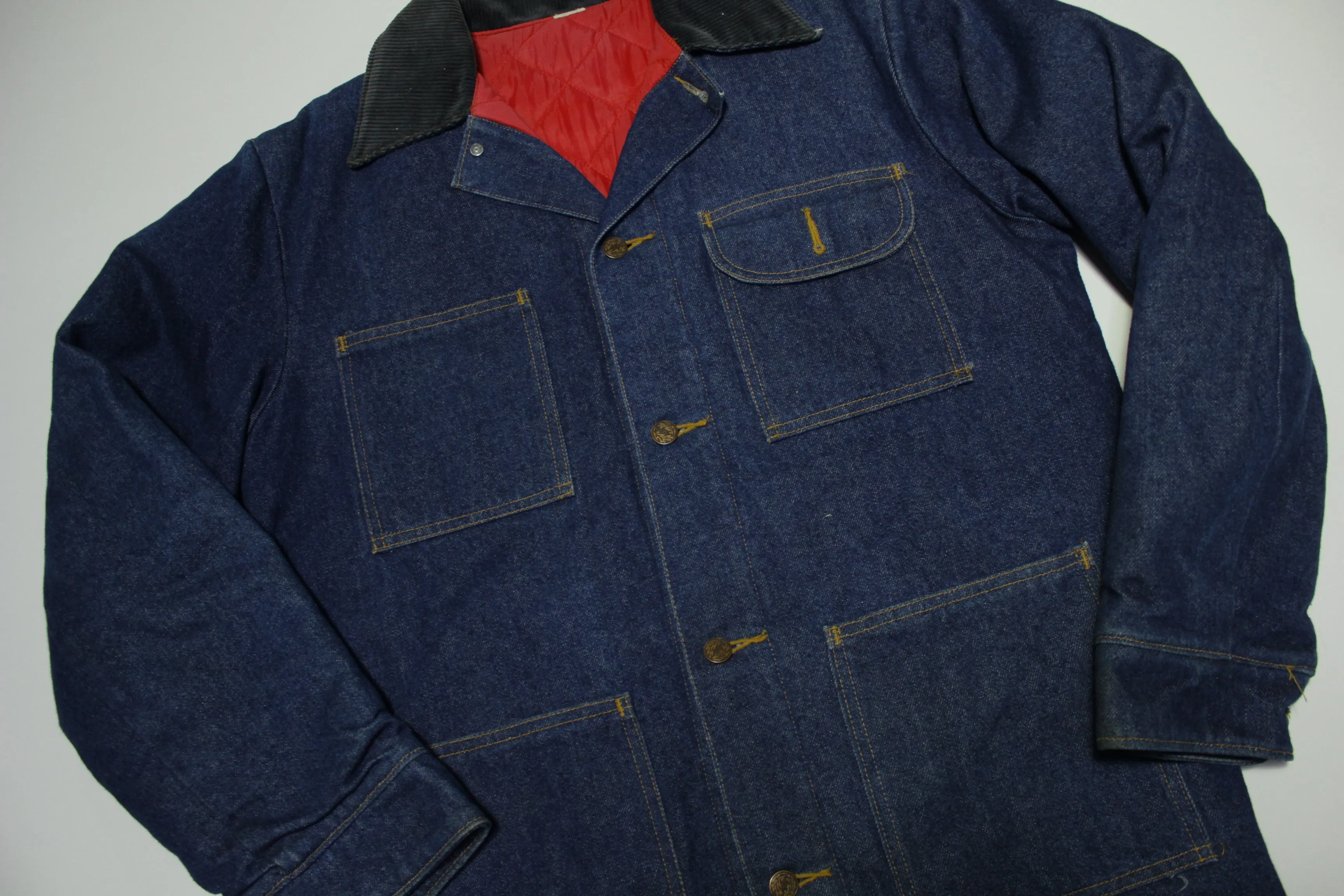 Penneys Quilt Lined Vintage 80's Prison Chore Denim Work Coat Jean Jacket 4 Pocket