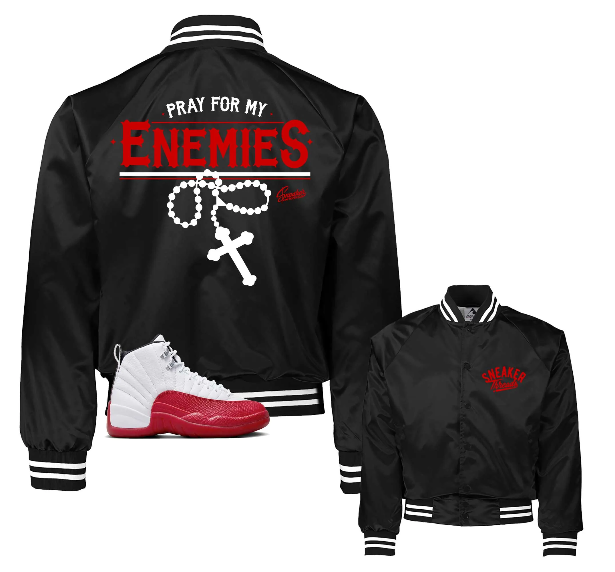 Retro 12 Cherry Satin Varsity Jacket - Enemies - Black