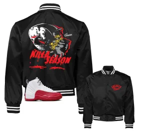 Retro 12 Cherry Satin Varsity Jacket - Killa Season - Black