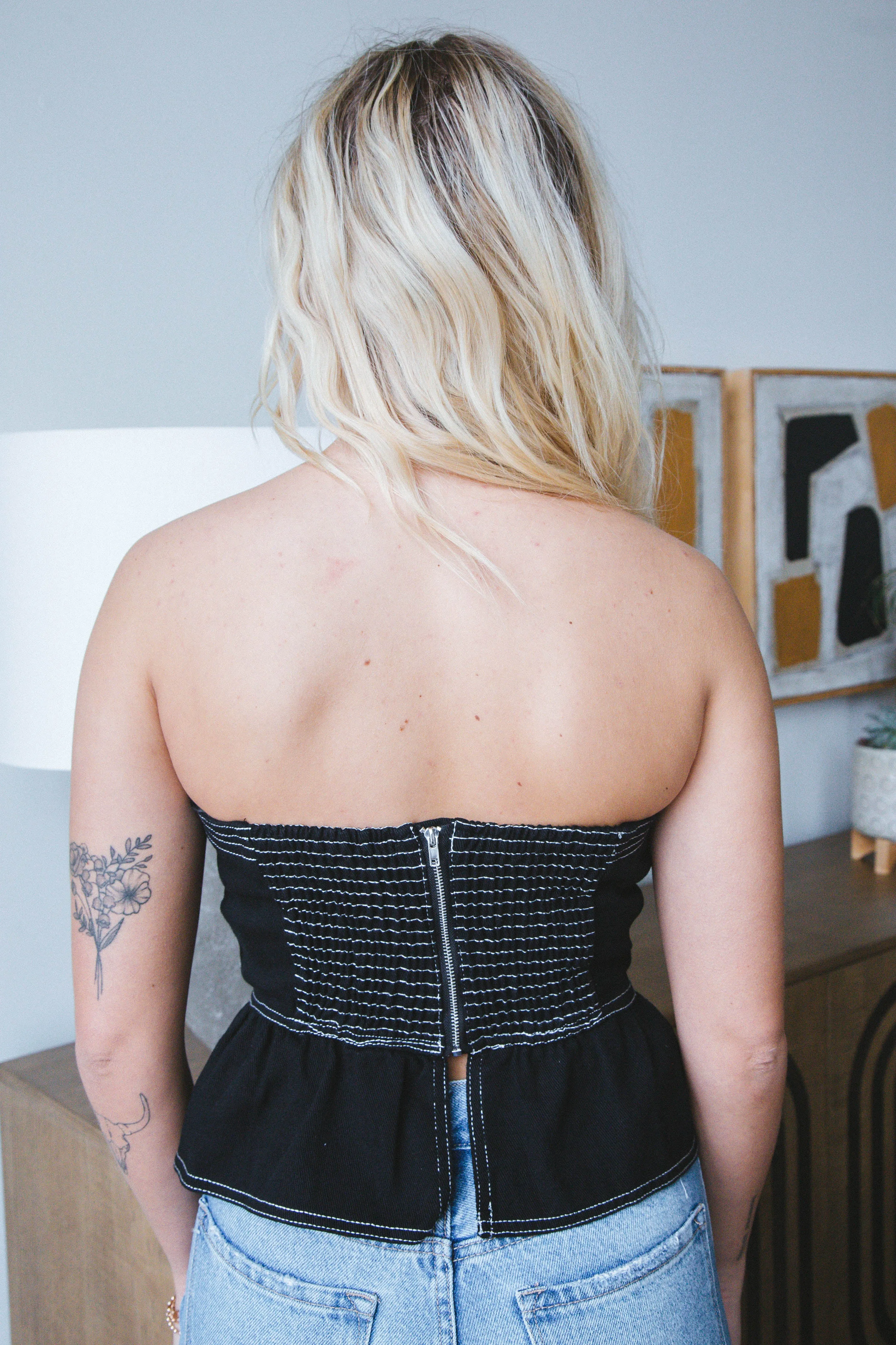 Saylor Denim Bustier Top, Black