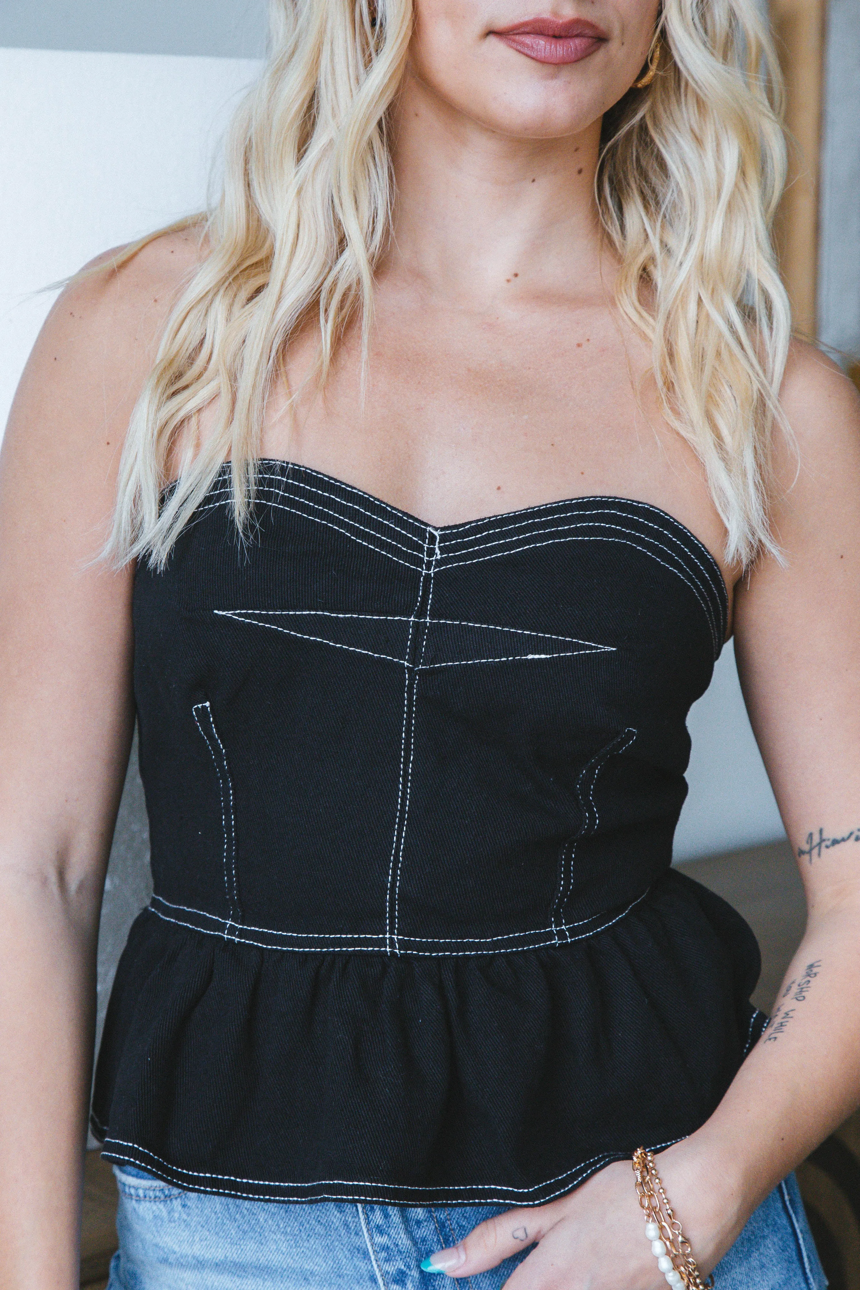 Saylor Denim Bustier Top, Black