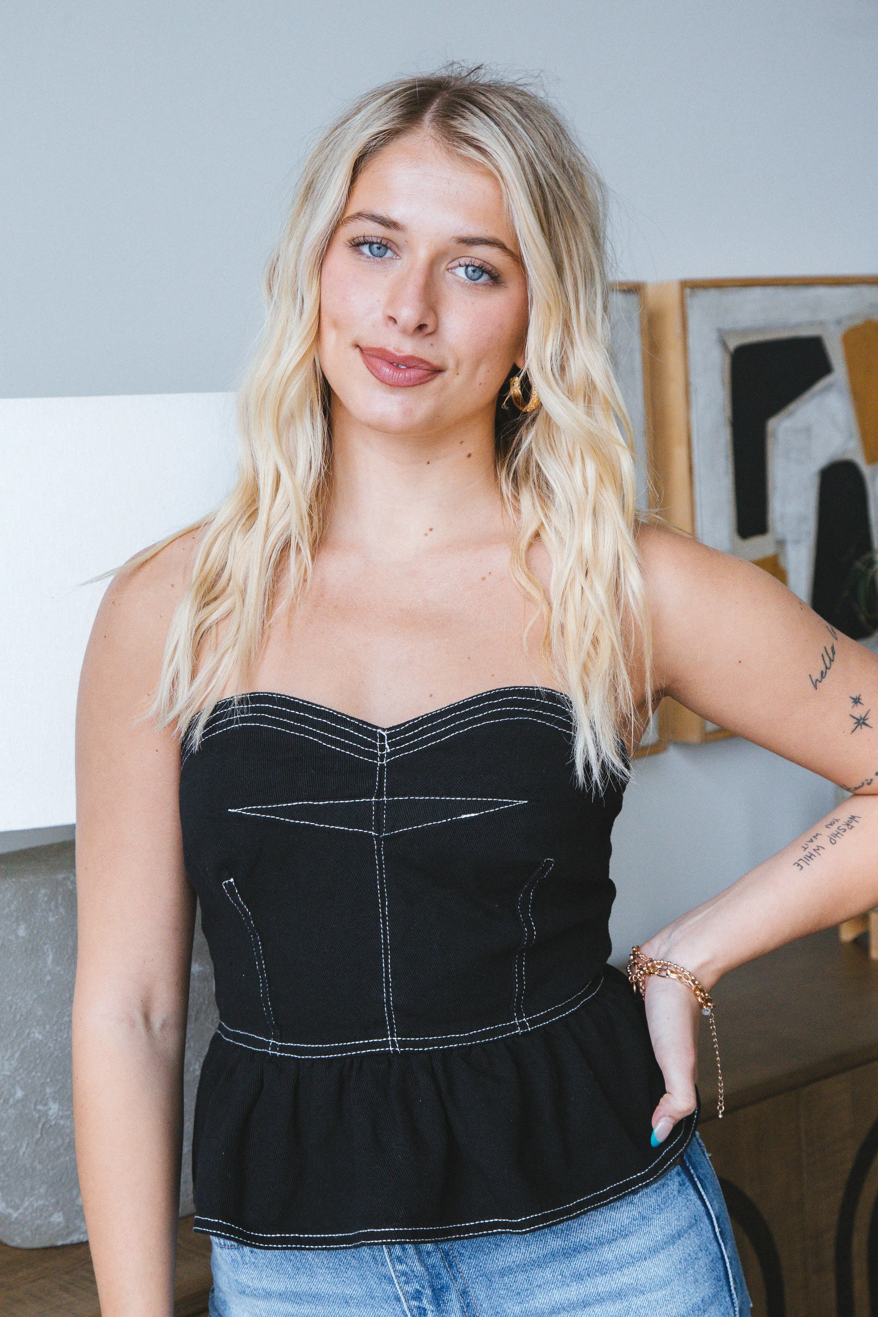 Saylor Denim Bustier Top, Black