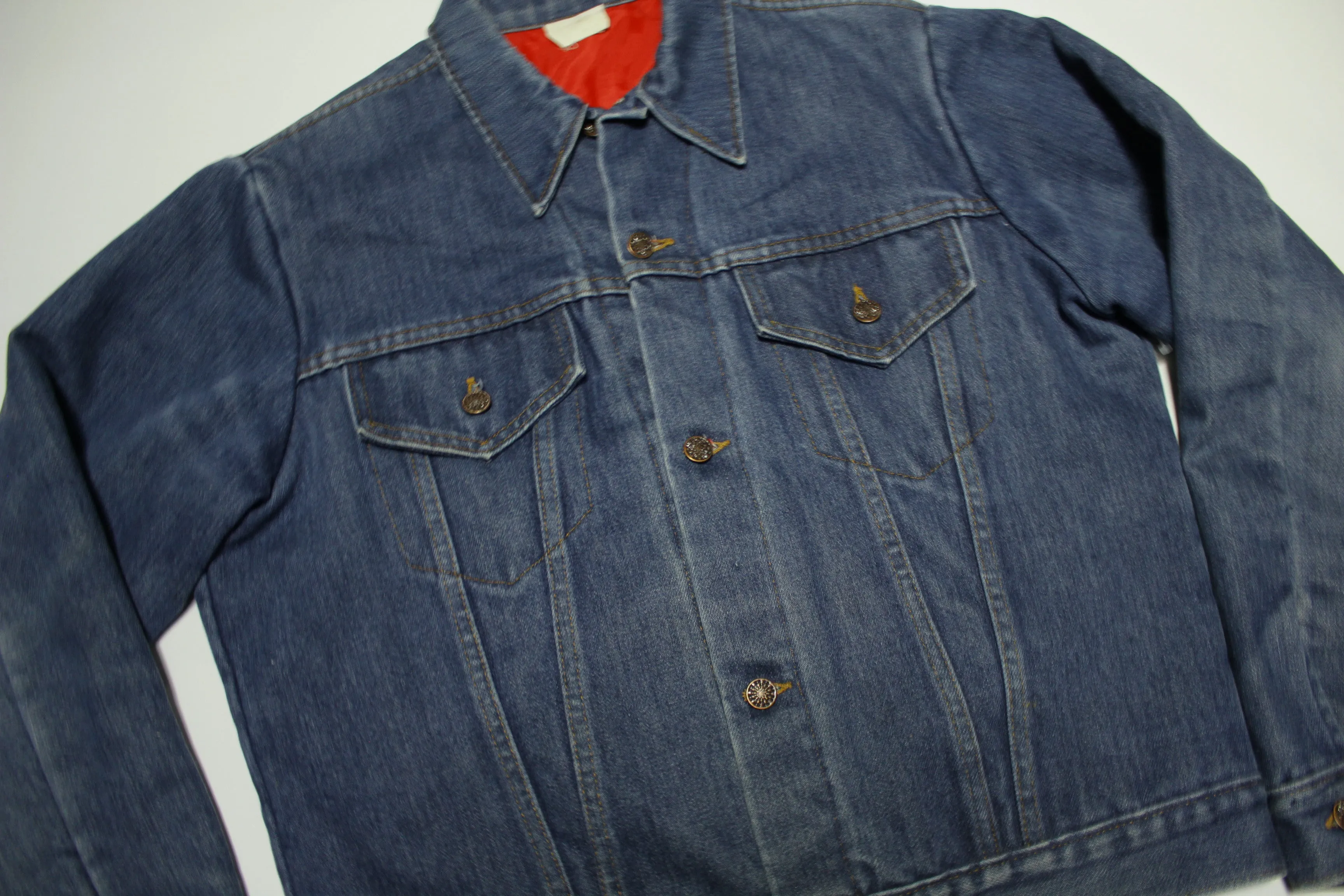 Sears Snap Up Red Quilt Lined 80's Vintage Trucker Jean Jacket