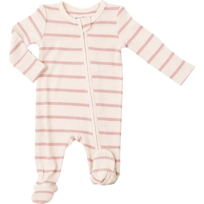 Silver Pink Rib Stripe Two-Way Zipper Footie by Angel Dear