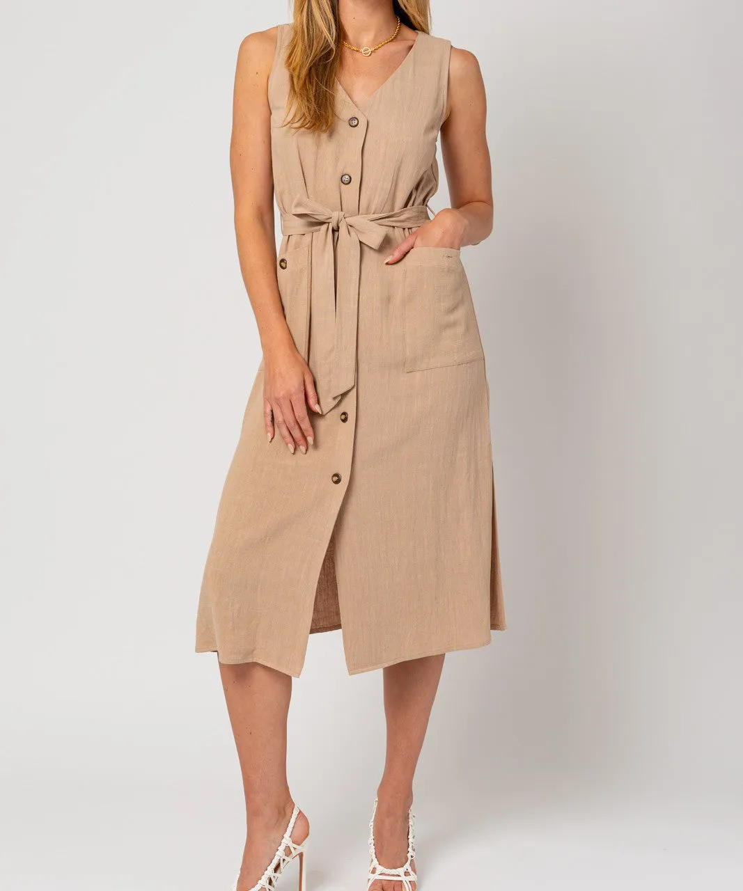 Sleeveless Button Down Dress - Khaki