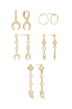 The Weekday Set 18k Gold Plated and Crystal Earring Set of 5