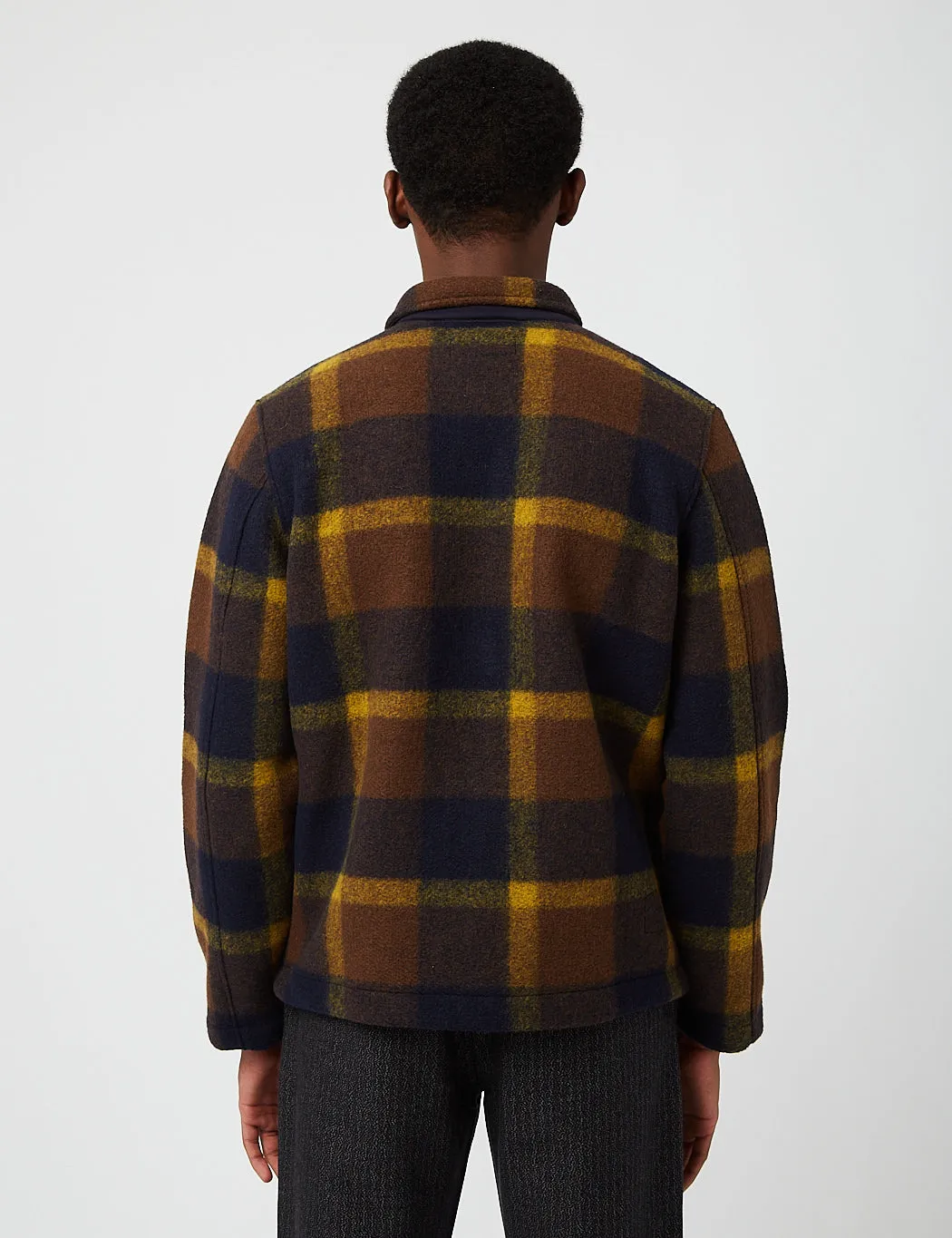 Universal Works Field Jacket (Large Plaid Fleece) - Navy Blue/Yellow