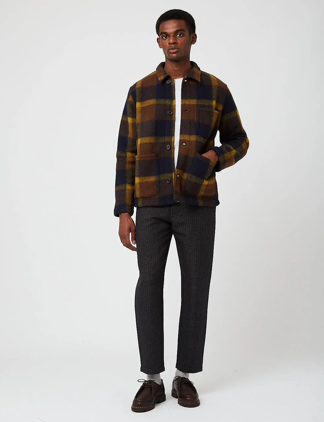 Universal Works Field Jacket (Large Plaid Fleece) - Navy Blue/Yellow