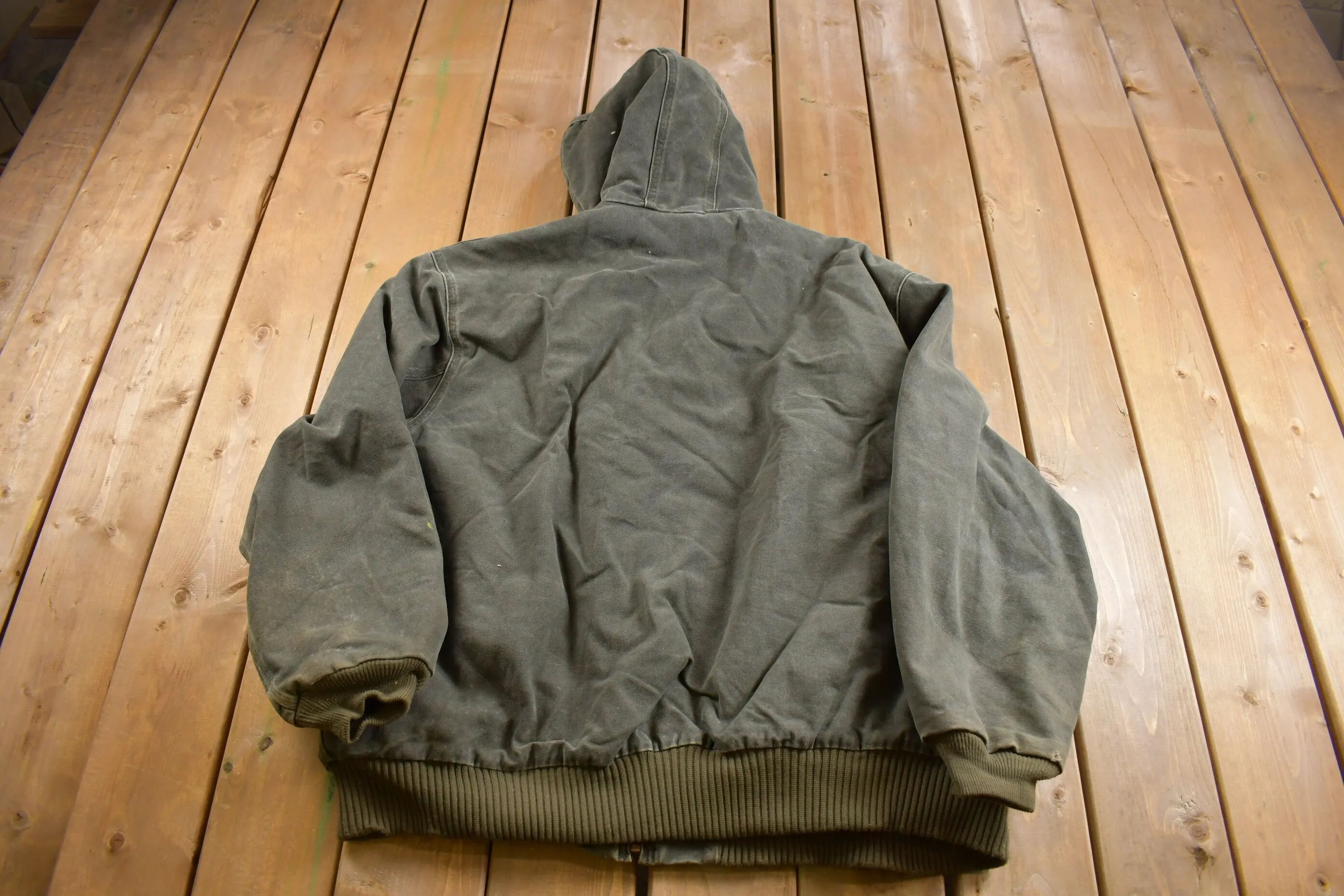 Vintage 1990s Carhartt Green Hooded Cinched Active Jac Work Jacket / Workwear / Distressed / 3XL