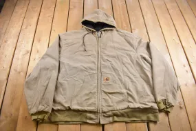 Vintage 1990s Carhartt Hooded Cinched Active Jac Work Jacket / Workwear / Distressed / Made In USA / Size 4XL