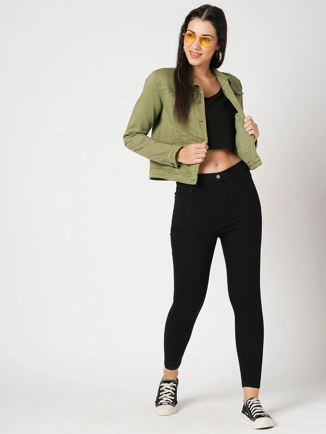 Women Slim Fit Olive Solid Jacket