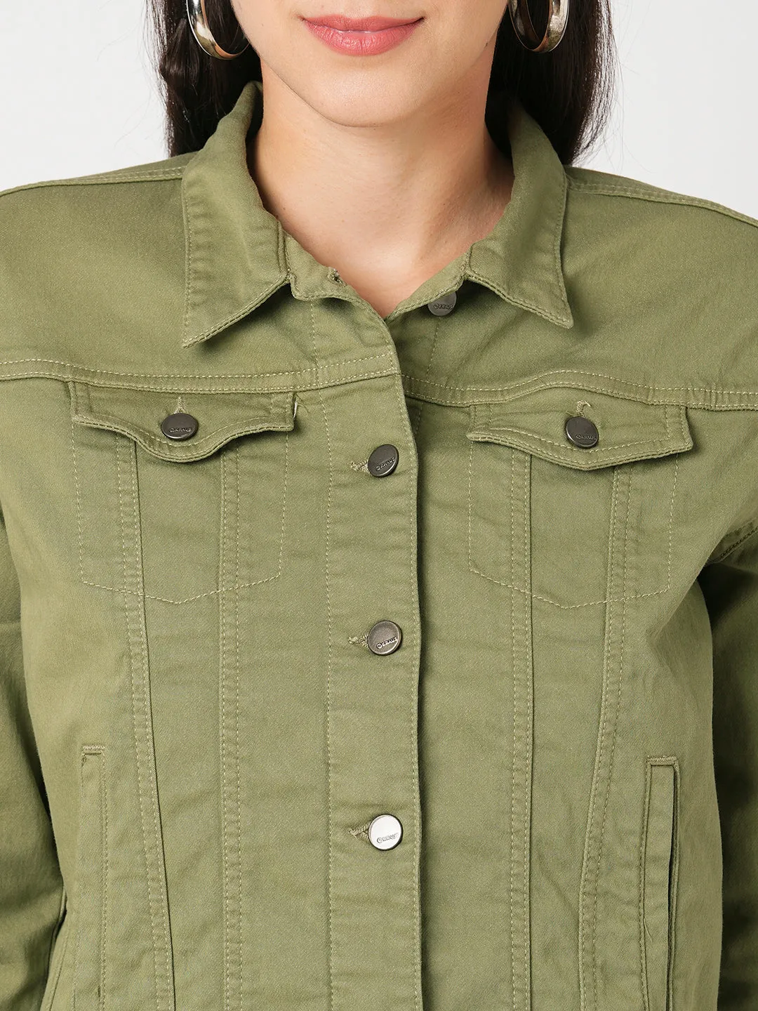 Women Slim Fit Olive Solid Jacket