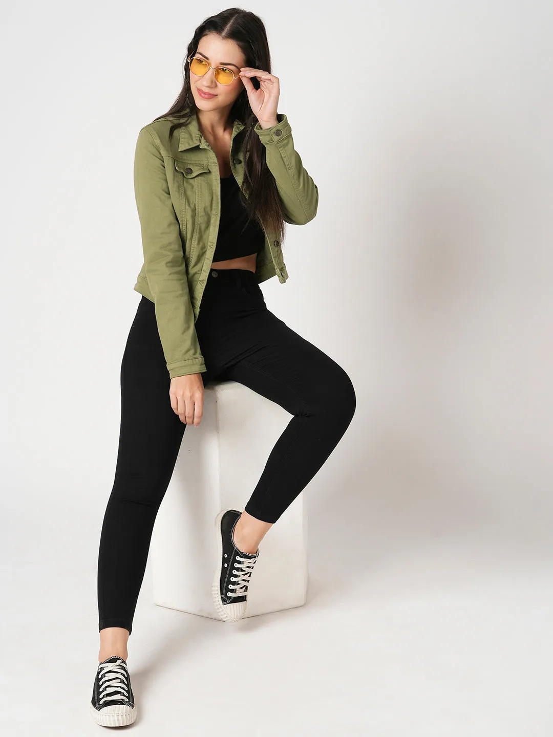 Women Slim Fit Olive Solid Jacket