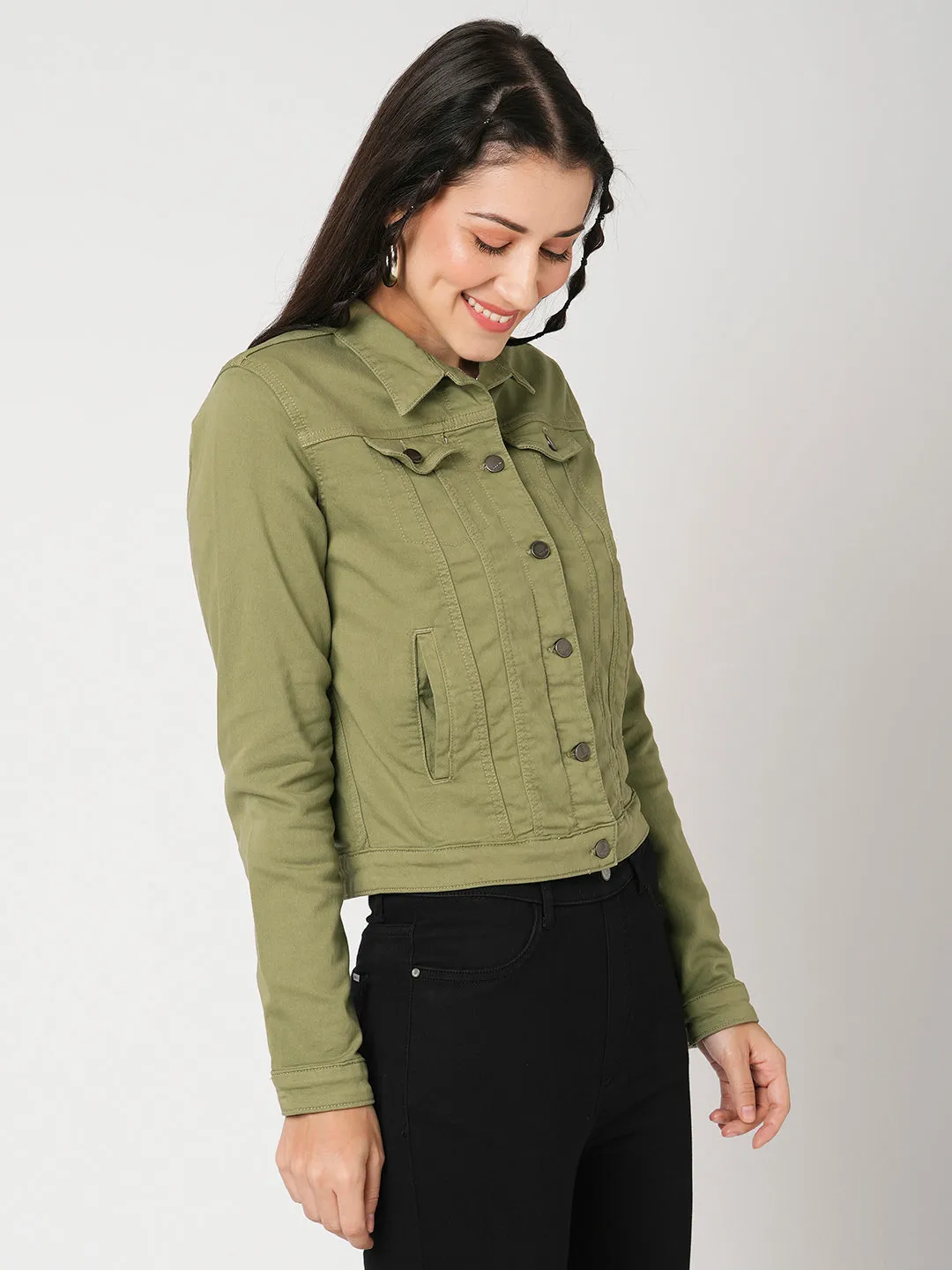 Women Slim Fit Olive Solid Jacket