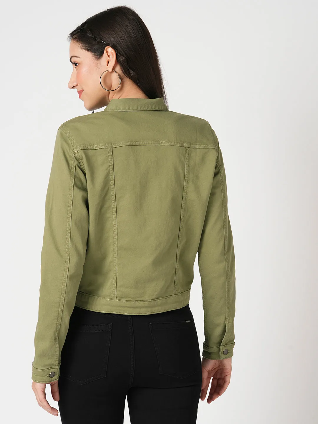 Women Slim Fit Olive Solid Jacket