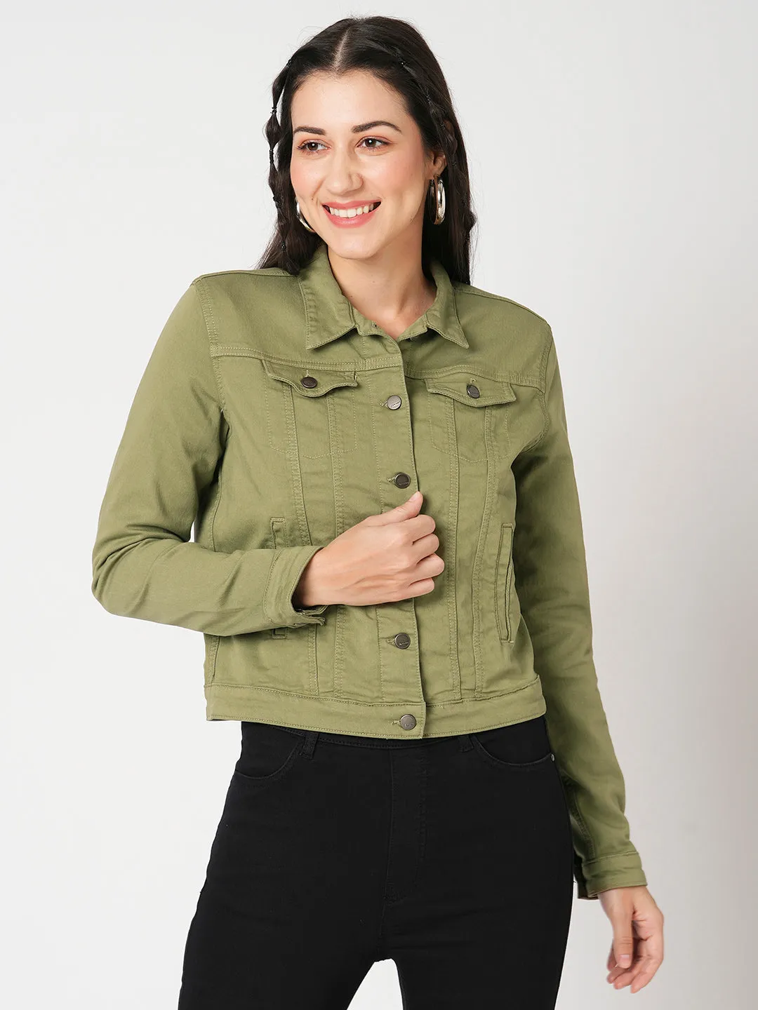 Women Slim Fit Olive Solid Jacket