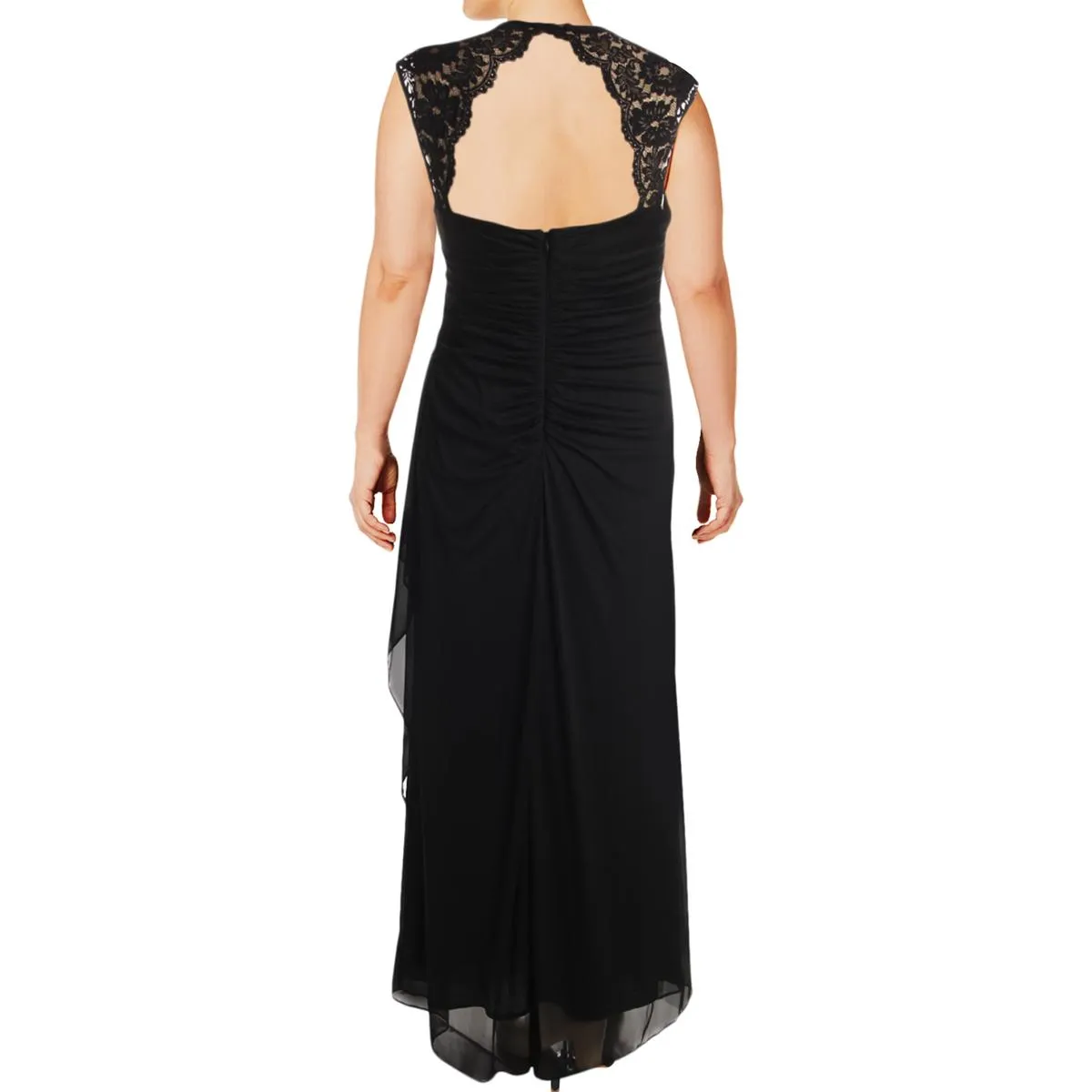 Womens Chiffon Lace Trim Evening Dress